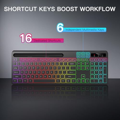 Soueto Wireless Keyboard with 7 Colors & 4 Modes RGB Backlit, Ergonomic Keyboard with Wrist Rest, Phone Tablet Holder, 2.4G Light Up Computer Keyboard with Numeric Keypad for Mac, Windows
