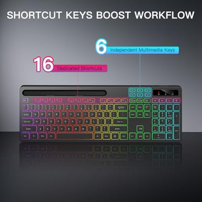 Soueto Wireless Keyboard with 7 Colors & 4 Modes RGB Backlit, Ergonomic Keyboard with Wrist Rest, Phone Tablet Holder, 2.4G Light Up Computer Keyboard with Numeric Keypad for Mac, Windows