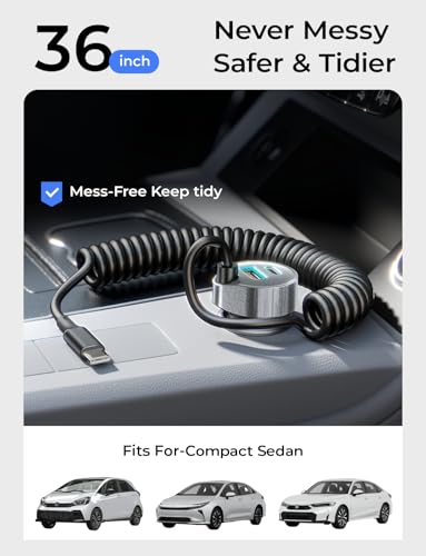 LISEN Car Charger with 45W Built-in USB-C 36 inch Coiled Cable, 90W Multi-Port Fast Charging Cigarette Lighter Adapter for iPhone 17/16/15 Pro Max, Samsung Galaxy S26 Ultra, Black | Car Charger USB C Fast Charge Adapter,Super Fast for Men Women, Car Acces