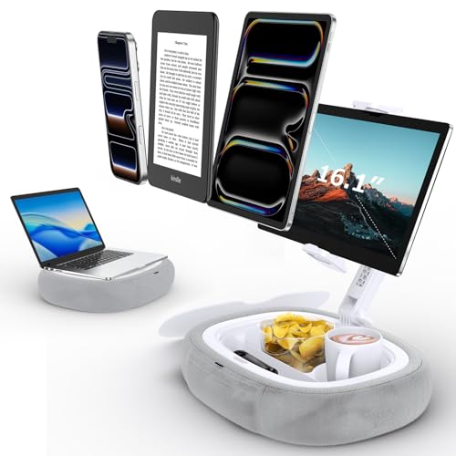 Tryone Tablet Pillow Holder & Laptop Stand : Lap Adjustable iPad Holder with Snack Bowl,Soft Plush Pillow & 360° Rotating Detachable Support Arm for 4.7-16.1 Kindle Phone Tablet Laptop (Gray) - color: Upgraded Version - Pale Gray