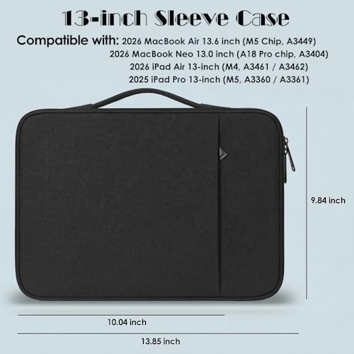 ProElife 13 Inch Laptop Sleeve for MacBook Neo, Retractable Handle, Black | Precision Fit, Soft Inner Lining Padded, Anti-Scratch, Extra Attached Pocket, Travel Carry Laptop Bag for Home Office - color: Black