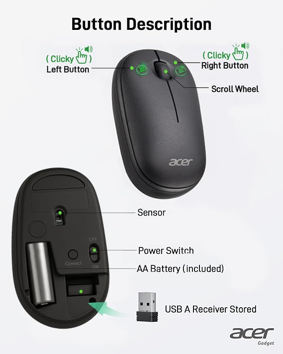 Acer Computer Mouse Wireless, 2.4G Slim USB Wireless Mice with USB-A Receiver, 1600 DPI Optical, Laptop Mouse with Plug and Play for Right/Left Handed Users (for Chromebooks, Windows PC & Mac) Black