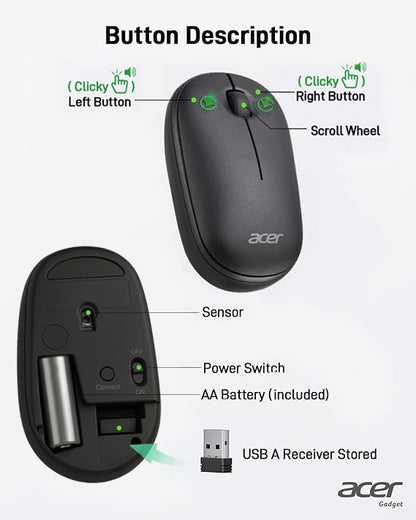 Acer Computer Mouse Wireless, 2.4G Slim USB Wireless Mice with USB-A Receiver, 1600 DPI Optical, Laptop Mouse with Plug and Play for Right/Left Handed Users (for Chromebooks, Windows PC & Mac) Black