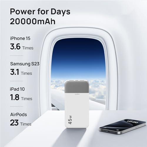 JUOVI Power Bank 45W 20000mAh Portable Charger USB C, PD QC Fast Charging 4-Port(2C+2A) External Battery Pack with LED Display, for iPhone 15 16 MacBook ipad | PD QC Fast Charging with 4 USB Ports(2C 2A), LED Display External Battery Pack for iPad Tablet