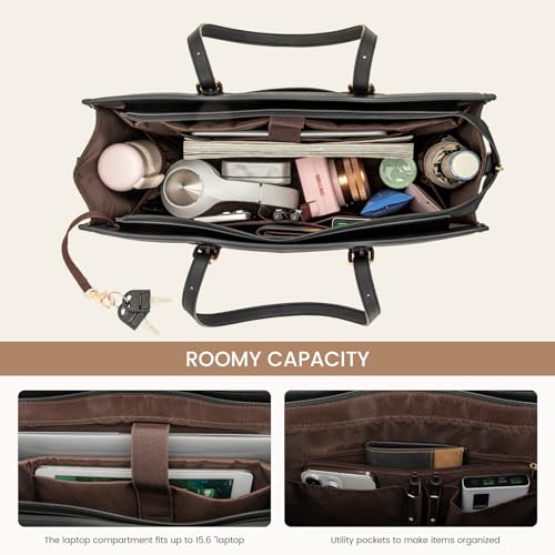 LOVEVOOK Women's 15.6inch Laptop Tote, PU Leather Computer Work Bag, office - color: Black, size: 15.6 inch