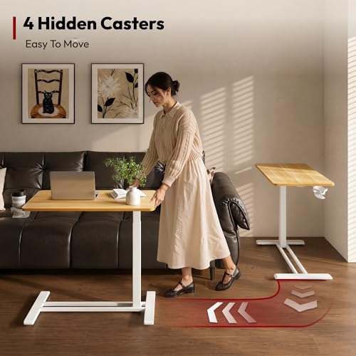 SANODESK 32''Pneumatic Adjustable Overbed Bedside Table with Hidden Casters | Medical Mobile Side End Table Laptop Computer Standing Desk Cart with Tray, Hospital and Home Use(31.5" W x 17.7" D,Maple) - color: Maple, size: Large