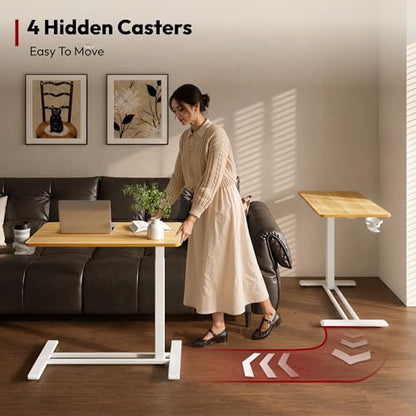 SANODESK 28''Pneumatic Adjustable Overbed Bedside Table with Hidden Casters | Medical Mobile Side End Table Laptop Computer Standing Desk Cart with Tray, Hospital and Home Use(27.6" W x 15.7" D,Maple) - color: Maple, size: Small