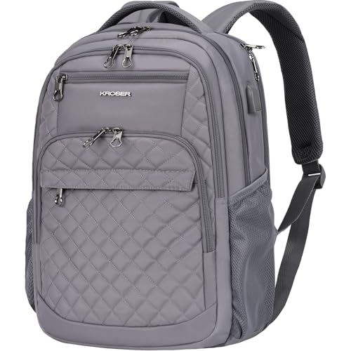 KROSER Travel Laptop Backpack 17 Inch Large Computer Backpack Water-Repellent Daypack with USB Charging Port & Headphone Interface RFID Pockets for Work/Business/College/Men/Women Dark grey(Quilted) - color: Quilted Dark Grey