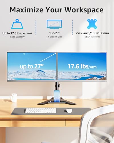 MOUNTUP Dual Monitor Stand - Freestanding & Height Adjustable Monitor Desk Mount, Steady VESA Mount Holds Max 17.6 lbs, Computer Monitor Stand for 2 Screens up to 27 inches, for Home Office - size: Dual, style: Freestanding