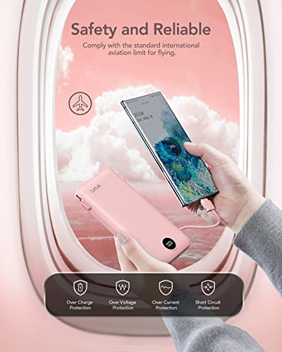 VRURC Portable Charger 20000mAh, Fast Charging Power Bank USB C,4 Output 2 Input Travel Essentials Charging Bank Equipped with LED Display,Built-in Wall Plug and Cables,Phone Charger Battery,Pink - color: Pink