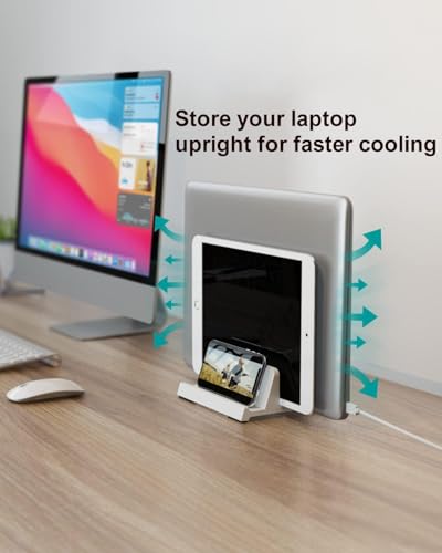 Vertical Laptop Stand for Desk, Dual Slots Plastic Laptop Holder with Space Saving 4-in-1 Design, Adjustable Laptop Stand Supports MacBook, Chromebook, Surface, Dell (White) - color: White