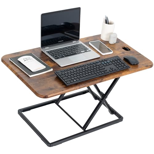 VIVO Ultra-Slim 32 Inch Single Top Height Adjustable Standing Desk Riser, Compact Sit Stand Desktop Converter for Monitor or Laptop, Vintage Brown, DESK-V032JN - color: Vintage Brown, size: 32"