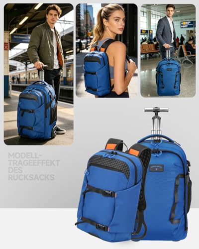 2-in-1 Detachable Rolling Backpack & Daypack, 56L Large Backpacks with Wheels Fits 17 Inch Laptop, Water Resistant, Carry On Luggage for College, Travel, Camping, Hiking Blue - color: Blue, style: Rolling Backpack