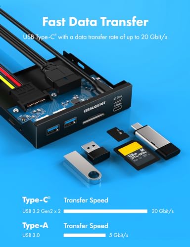 GRAUGEAR 3.5 Inch Front Panel USB C Hub, SD/microSD Internal Card Reader, 20Gbps USB 3.2 Gen 2x2, USB3.2 Type-E Key-A 20-Pin Header & USB3.0 Header & 15-Pin SATA Power Connection Required [G-MP01CR] - style: 6 Port