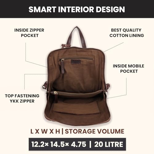 12.5 Inch Genuine Leather Backpack For Women & Men, Brown | Brown Leather Bookbag Purse With Adjustable Shoulder Strap, YKK Zipper & Mobile Pockets, Small Travel Bag, Unisex Bag - color: Brown