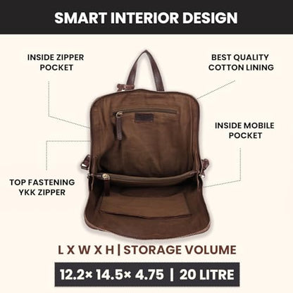 12.5 Inch Genuine Leather Backpack For Women & Men, Brown | Brown Leather Bookbag Purse With Adjustable Shoulder Strap, YKK Zipper & Mobile Pockets, Small Travel Bag, Unisex Bag - color: Brown