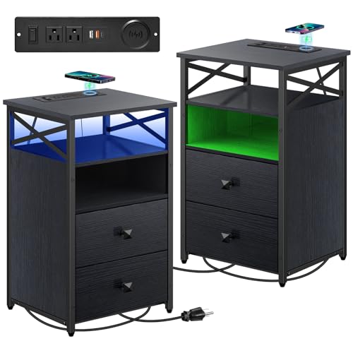 Livofloral LED Nightstands with Wireless Charging Station, End Tables Set 2 with LED Lights, Bedside Table with Wooden Drawers, Black Night Stands Set of 2 for Bedrooms, Side Tables Living Room - color: Black, size: 2 Pack Nightstands with Wireless