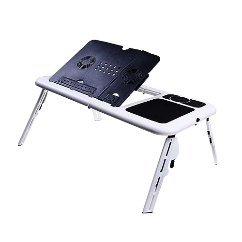 OSALADI Foldable Laptop Table with Dual Fans and Adjustable Height Ergonomic Tray for Bed Couch Desk Black White Design with Mouse Platform and Non-Slip Legs