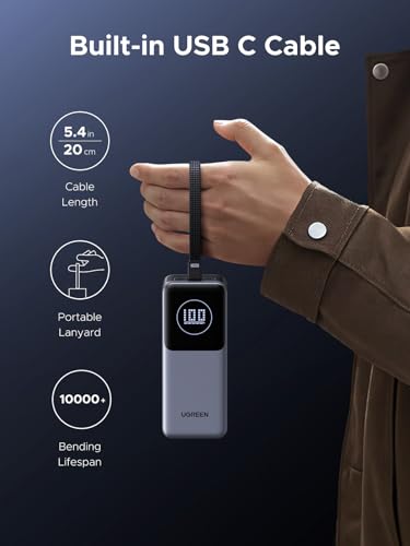UGREEN Nexode 20000mAh 130W Built-in USB-C Cable Power Bank for iPhone 17 | 80W input recharge. Fast charges MacBook, iPad Pro, S25 Ultra, Dell, HP. 3-port output.