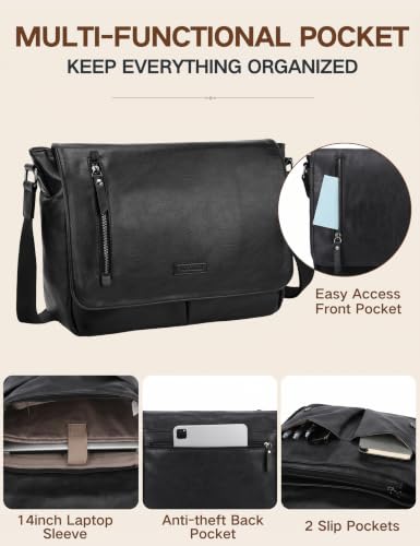 VX VONXURY Messenger Bag for Men, Pu Leather 14 Inch Laptop Briefcase Bag for Work Bussiness and School,Black - color: 14 Inch Black-all Pu Leather