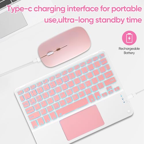 Ultra-Slim Bluetooth Keyboard with Built-in Touchpad and Mouse Portable Mini Wireless Keyboard Rechargeable 7-Color Backlit for Apple iPad iPhone Samsung Tablet iPhone Smartphone iOS Android Windows - color: pink