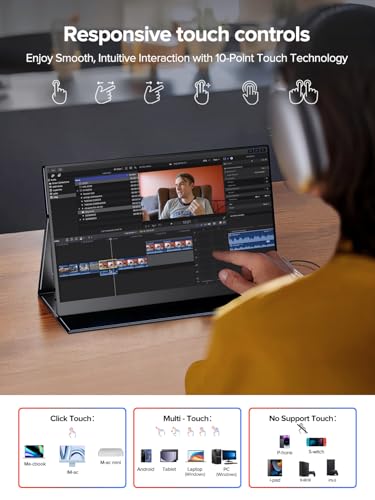 EVICIV Portable Monitor Touchscreen 15.6”, 125% sRGB 1080P IPS Screen | 10-Point Touch Monitor, VESA & Case, MINI HDMI USB C, Ultra-Thin Travel Second Screen for Laptop, Computer, Game Consoles - size: 15.6"