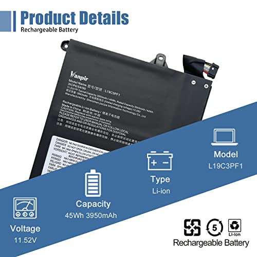 L19C3PF1 Laptop Battery Replacement for Lenovo ThinkBook 15-IML 15-IIL 14-IML 14-IIL Series 19M3PF2 L19D3PF2 L19L3PF1 L19D3PF1 L19M3PF1 L19M3PF9 L19C3PF9 L19L3PF8 11.52V 45Wh 3950mAh - size: 8.56*5.02*0.28 inch L19C3PF1