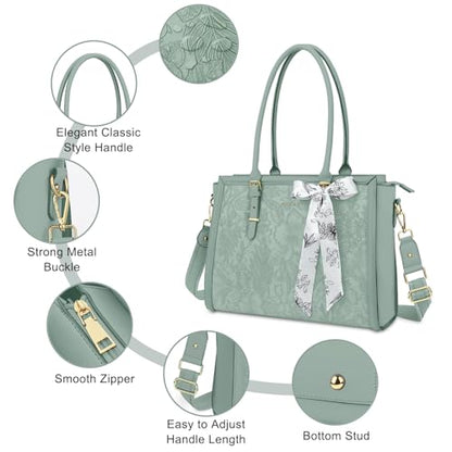 MOSISO Laptop Bag for Women, 17-17.3 inch PU Leather Tote Bag | Compatible with MacBook, HP,Dell, Front Embossed Retro Hibiscus Computer Bags with Silk Scarf&Clutch Purse, Antique Green - color: Antique Green, size: 17.3 inch