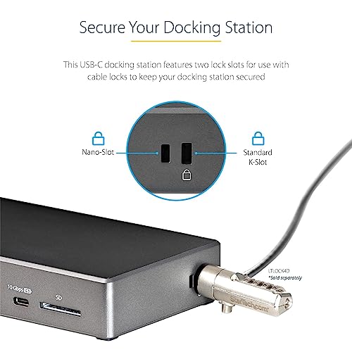 StarTech USB-C Triple 4K Dock with 100W PD, DP 1.4 DSC, 6-Port 10Gbps, GbE | Windows, Chrome, 2x DisplayPort 1.4, HDMI 2.0, SD 3.0 reader, 2x security K-Slots, Audio, Headset port - style: 2 x DP + HDMI|100W PD