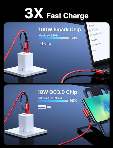 JSAUX 3-in-1 USB-C Cable 2-Pack 6.6FT, 100W Right-Angle Fast Charging, Red | Right-Angle Braided Cables with USB-A Adapter, 2 x 6.6 ft, for iPhone 17/16/15, Galaxy S26/S25/S24, iPad, MacBook, Steam Deck - color: Red, size: 6.6FT
