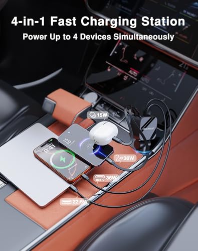 Seamount 4-in-1 Retractable Car Charger 109.5W | PD QC 3.0 Fast USB C Adapter with Voltage Display, Compatible with iPhone 17 16 15 14, MacBook, Android