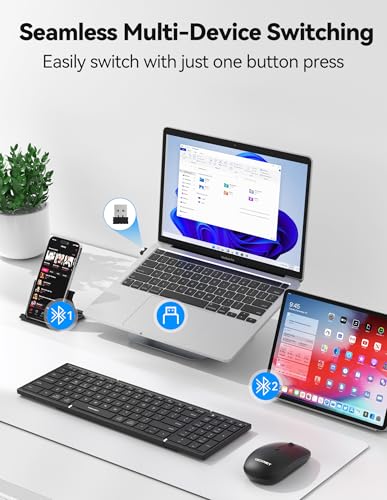 TECKNET Foldable Bluetooth Keyboard and Mouse Combo, Wireless Keyboard Mouse, Rechargeable 2.4G & Dual Bluetooth Travel Keyboard Mouse Set for Business Travel, Compatible with Windows/Mac/iOS/Android