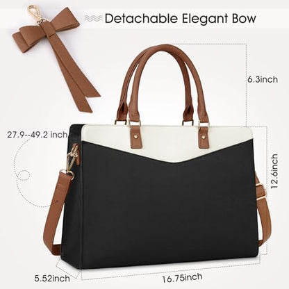 RAINSMORE Laptop Bag for Women 15.6 Inch PU Leather Tote Bag Professional Business Office Work Bag Waterproof Briefcase Computer Tote Bag Large Capacity Lightweight Handbag Shoulder - color: Black-beige-dark Brown