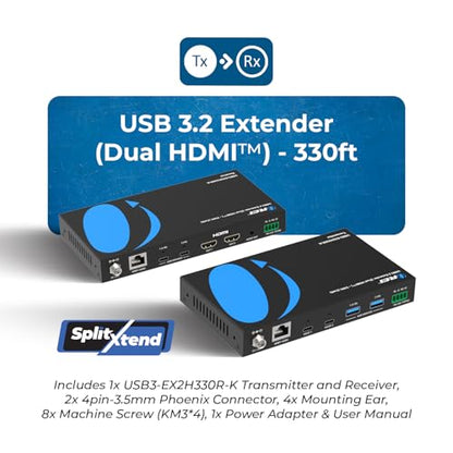 OREI USB Cat6 Extender, 2X Dual USB-C RS-232 Two-Way PoC Audio De-embedding | USB Extender Over Ethernet, USB Extender Over CAT5 – 5Gbps, Dual HDMI 4K60, Auto/Manual Host Switching, 3.5mm Audio - size: Upto 330 ft