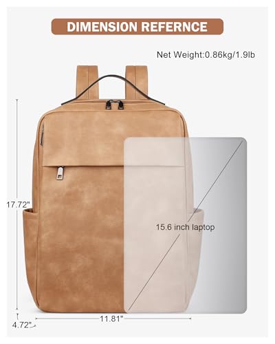 MASINTOR 15.6 inch PU Leather Laptop Backpack Purse for Women | College Laptop Backpack, Spacious Main Compartment, Luggage Strap & Padded Sleeve, Ideal for Campus, Commute & Travel - color: Retro Camel