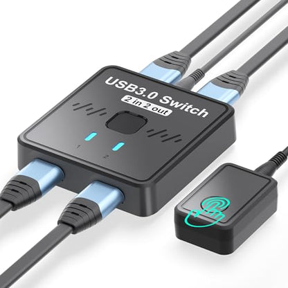 USB 3.0 Switch 2 in 2 Out, USB Switcher 2 Computers Sharing Keyboard and Mouse Printer Scanner Webcam, Printer Splitter for 2 PC, 2 Port USB-A Selector Switch with 2 USB Cables and Desktop Controller