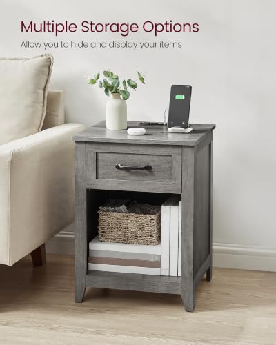 VASAGLE LIRY Collection - Farmhouse Nightstands with Charging Station, Set of 2 Bedside Tables, Side Tables with Drawer, Open Compartment, for Bedroom, Misty Gray ULET859G01 - color: Misty Gray, size: 2 PACK, style: 17.7"W x 23.6"H With 1 Drawer