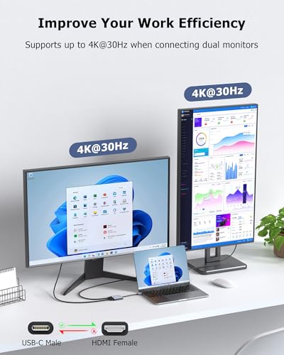 Dual HDMI Adapter for 2 Monitors Extended Display 1 in 2 Out, USB C to HDMI Splitter for Laptop MacBook Pro/Air, Support 4K@30Hz Double Monitors or 4K@60Hz Single Monitor