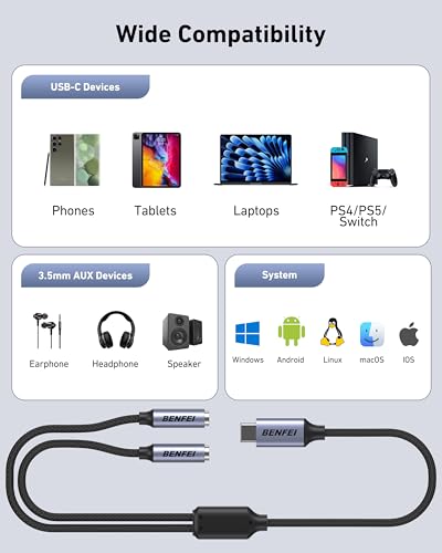 BENFEI USB C to Dual 3.5mm Audio Splitter, Headphone Adapter for 2 People to Share Music & Movies, Compatible with iPhone 16/15 Pro Max/Pro/Plus, Samsung GalaxyS23/S22, iPad Pro, MacBook, Pixel & More