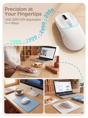 RAPIQUE Wireless Mouse, Dual Bluetooth & 2.4G, White | Multi-Device for 3 Devices, USB-C Rechargeable, Quiet Click, 4 DPI Levels up to 3200, Ergonomic Right-Hand for MacBook, PC - color: White