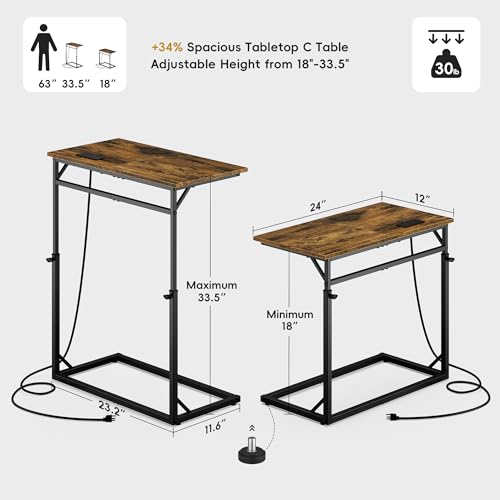 C Shaped End Table with Charging Station, Large C-Table End Table Adjustable Height Side Table for Couch, Couch Table Slide Under Sofa Table TV Tray Table for Sofa, Living Room, Bedroom,Brown - color: Rustic Brown, style: With Plug