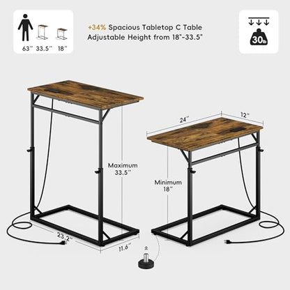 C Shaped End Table with Charging Station, Large C-Table End Table Adjustable Height Side Table for Couch, Couch Table Slide Under Sofa Table TV Tray Table for Sofa, Living Room, Bedroom,Brown - color: Rustic Brown, style: With Plug