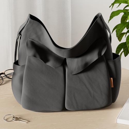 Canvas Messenger Bag Large Hobo Crossbody Bag with Multiple Pockets Casual Shoulder Tote Bag for Women and Men - color: Black