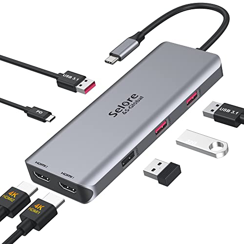 USB C Adapter HDMI Hub for MacBook Pro, Laptop Docking Station, 7 in 1 USB C Docking Station to Dual HDMI Displayport with 3 * 10Gbps USB Port, 100W PD Charging - color: Silver Grey