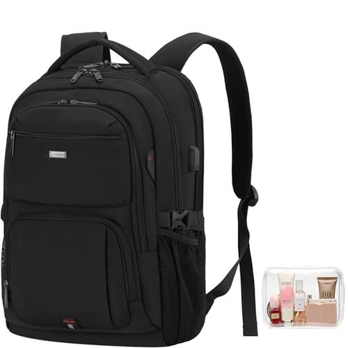 17 Inch Laptop Backpack for Travel Water Resistant College Backpack for Men Women Laptop Bag with USB Charging Port and Clear Cosmetic Bag, Black - color: Black-k