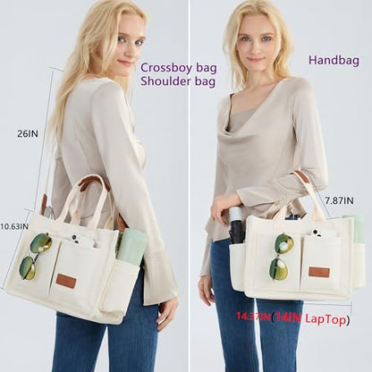 ZHMO Canvas Tote Bag for Women,Women's Bags Crossbody Bags Work Laptop Tote Bag Large Handbags Purse for Travel Nurse Teacher - color: New Upgrade White With Compartments and Side Cup Holders