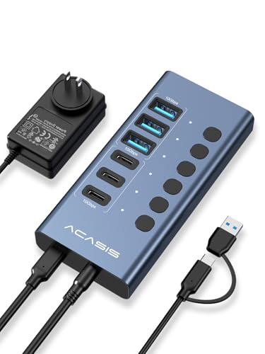 Powered USB 3.2 Hub, ACASIS 6 Ports USB 3.2 Hub(3 USB-A 3.2 Ports + 3 USB-C 3.2 Ports), Aluminum USB Hub Powered with 48W Power Adapter, USB Hub for PC/Laptop, Computer, Flash Drive, Printer, Camera - size: 6 Ports