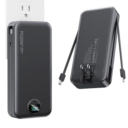 Nusyddy Portable Charger 20000mAh Fast Charging w/Built-in Wall Plug Black | PD20W Fast Charging, High Capacity, LED Display, Charge 5 Devices at once, TSA Approved, Compatible with iPhone/Samsung - color: Jet Black