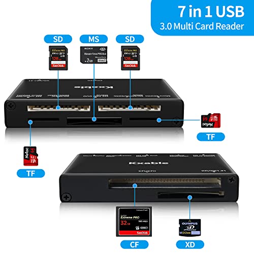SD Card Reader 7 in 1, Kxable USB 3.0 Memory Card Reader/Writer 5Gbps, for SD/Micro SD/MS/CF/MMC/XD/SDHC/SDXC Camera Memory Card, Reader for Mac OS, Windows, Linux- with 2 USB A/C to Micro 3.0 Cables