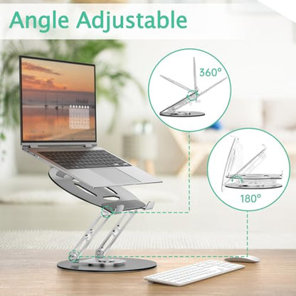 Laptop Stand for Desk Adjustable Computer Stand with 360 Rotating Base Ergonomic Laptop Riser Mount for Desk Foldable Protable Computer Desk Fits with MacBook Pro Air, Round - color: Round, Silver